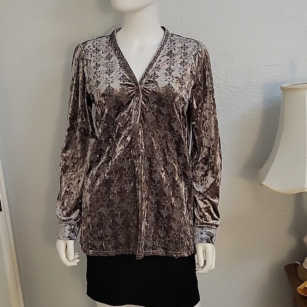 Andree BY UNIT Silver Crushed Velvet Velour Embroidered Castlecore Blouse